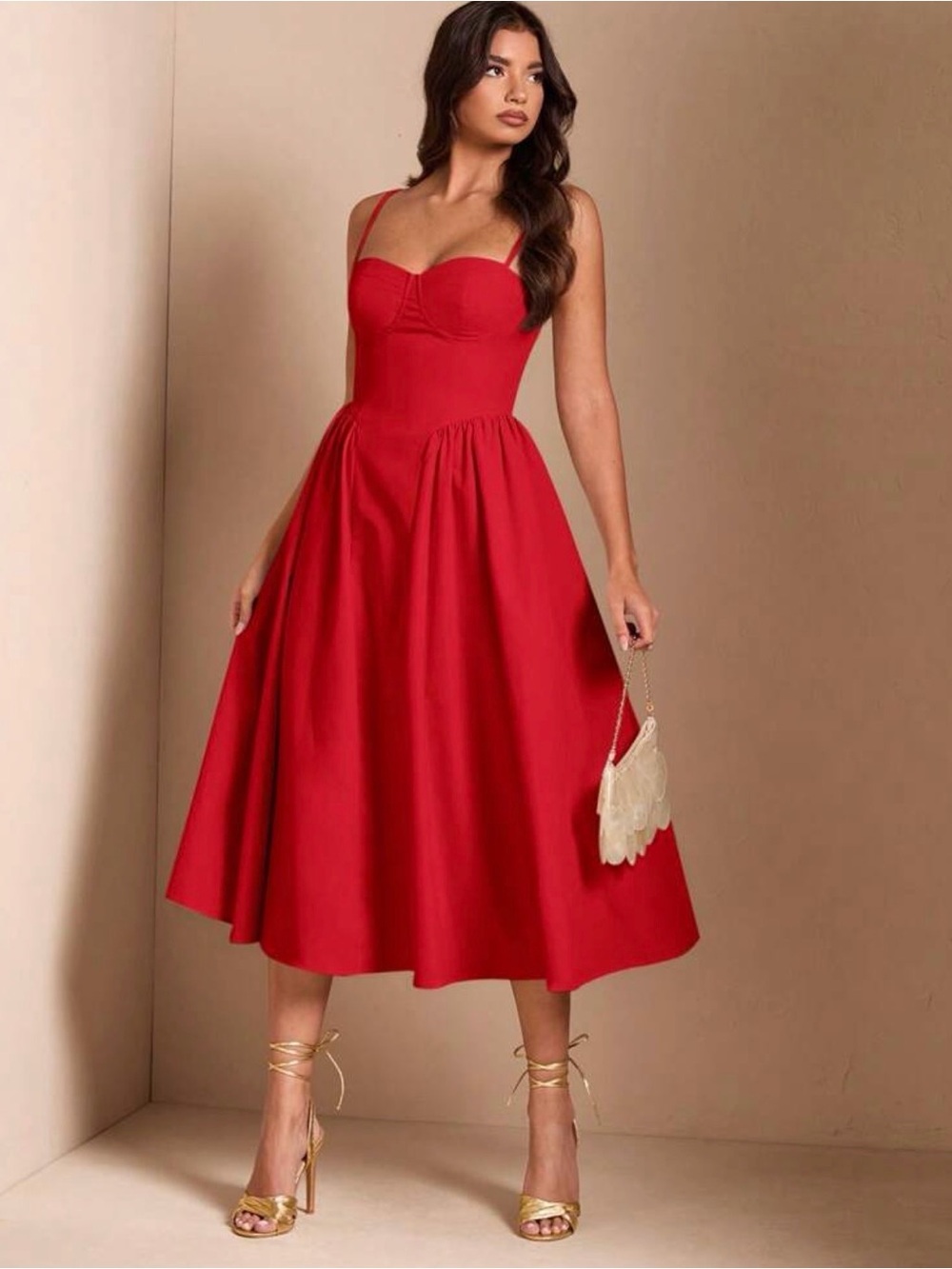 Red Fit-and-Flare Midi Dress with Sweetheart Neckline